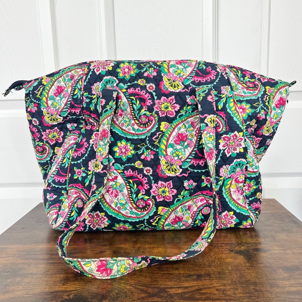 Vera Bradley Tote Bag Womens Large Navy Pink Paisley Quilted Cotton